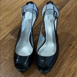 Black patent leather peek toe high heels